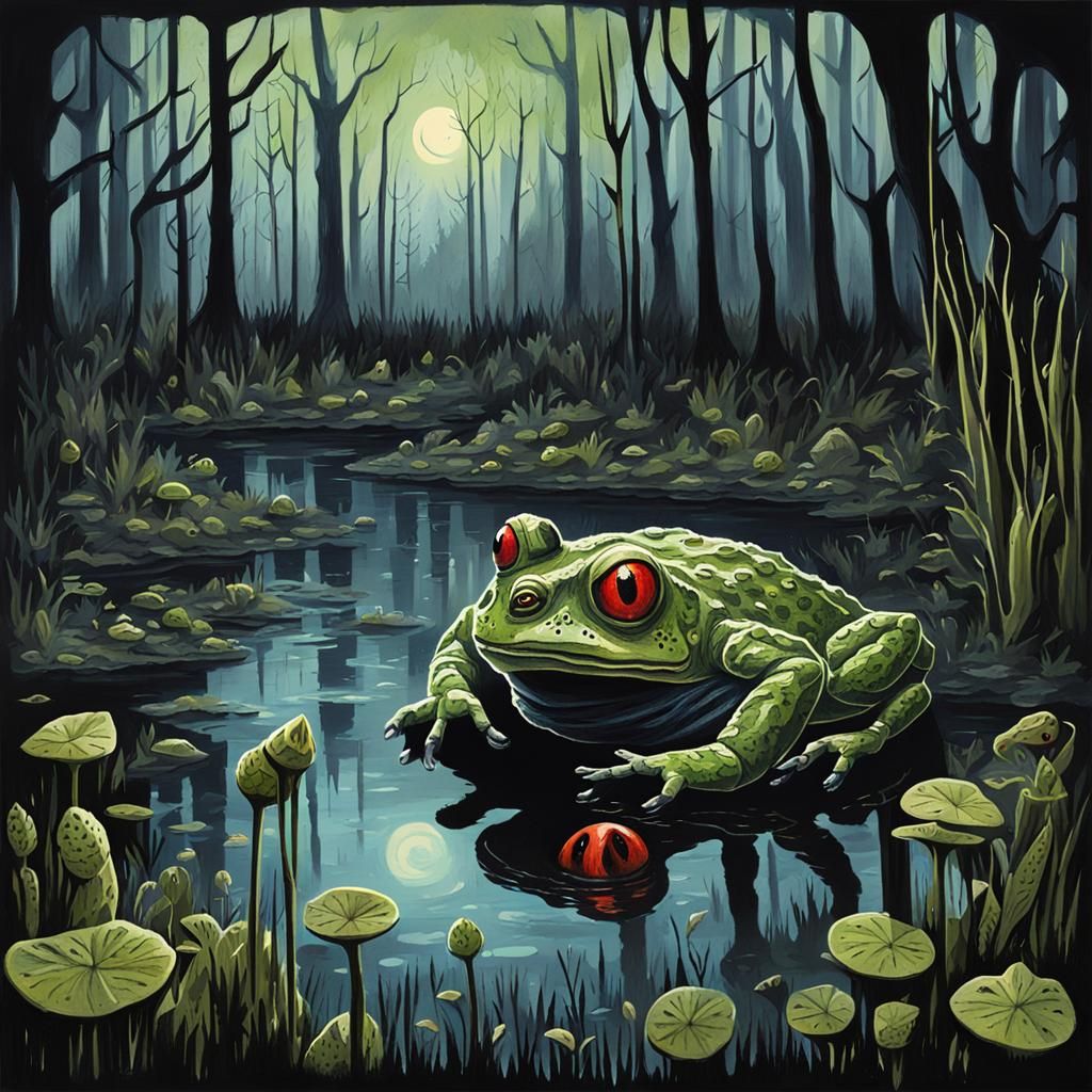 Eerie Swamp: A Nightmarish Dream in Dark Gouache
