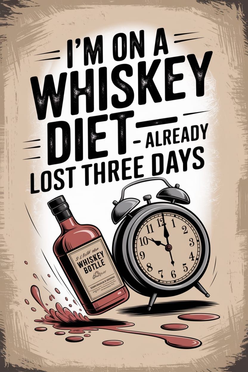 Vintage Whiskey Bottle Chases Time in a Distressed Illustrat...