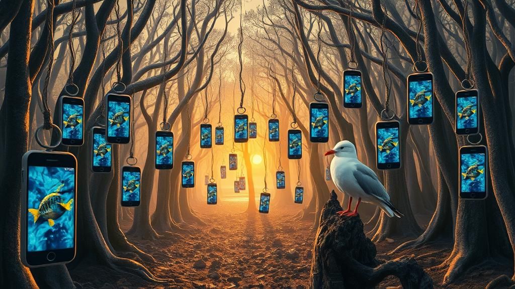 Surreal Fishhook Forest with iPhones, in Magic Realism
