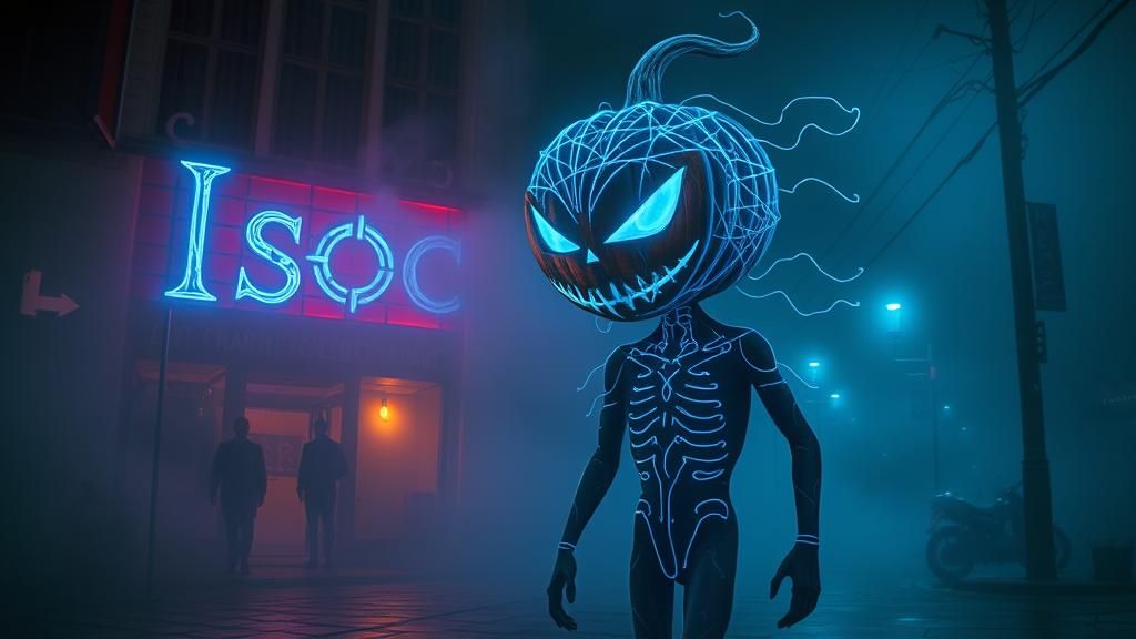 Eerie Jack-o'-Lantern Figure in Cyberpunk Mystical Scene