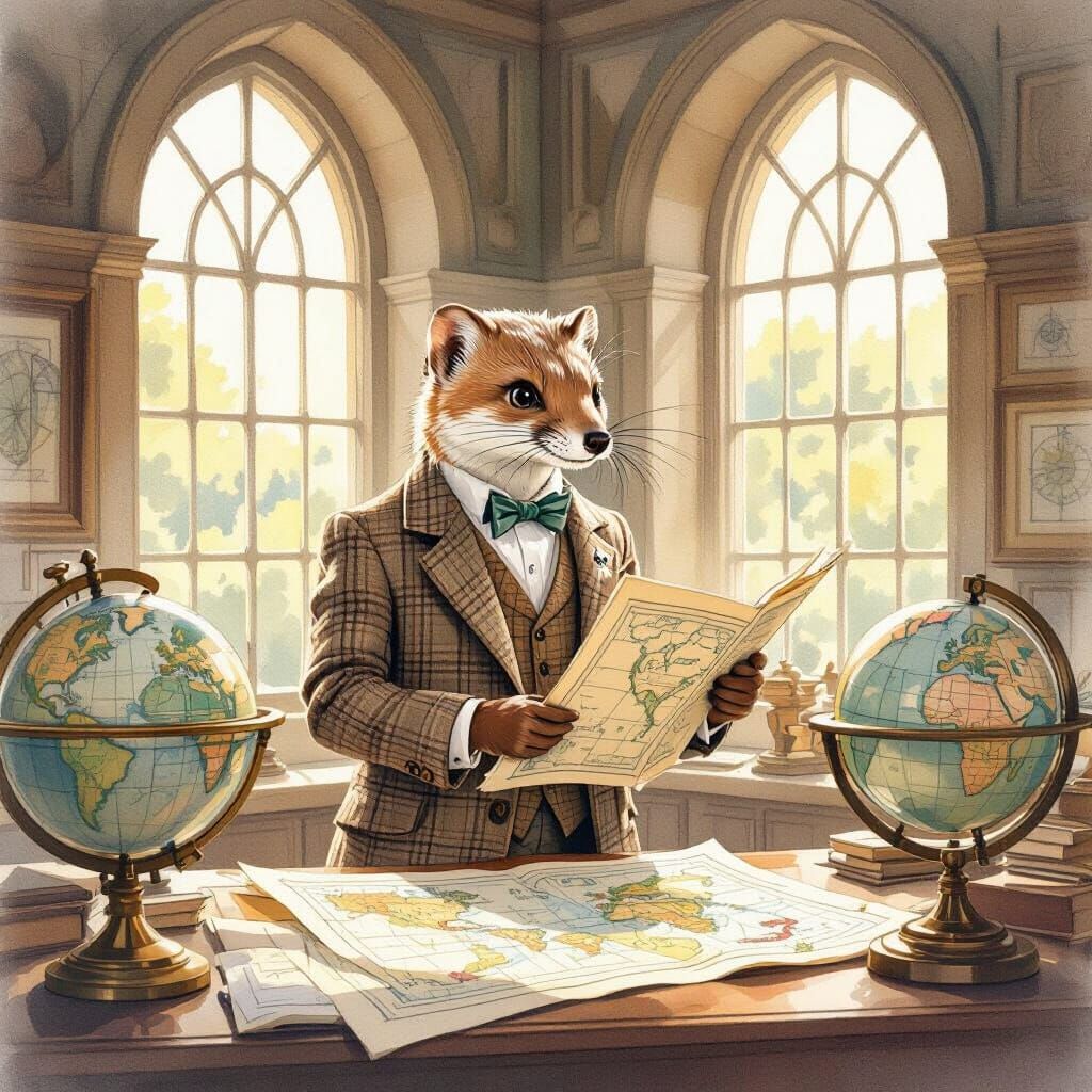 Stoat Cartographer in Watercolor Style