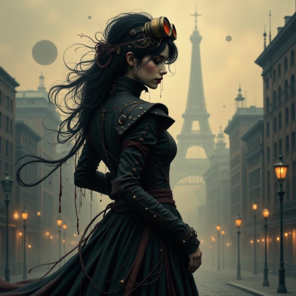 Steampunk Time Traveler in Victorian Cityscape