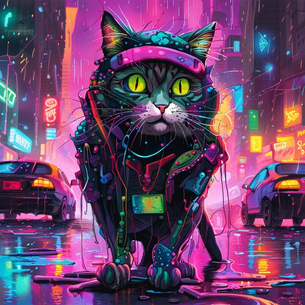 Cyberpunk Cat in Neon City with Floating Cars