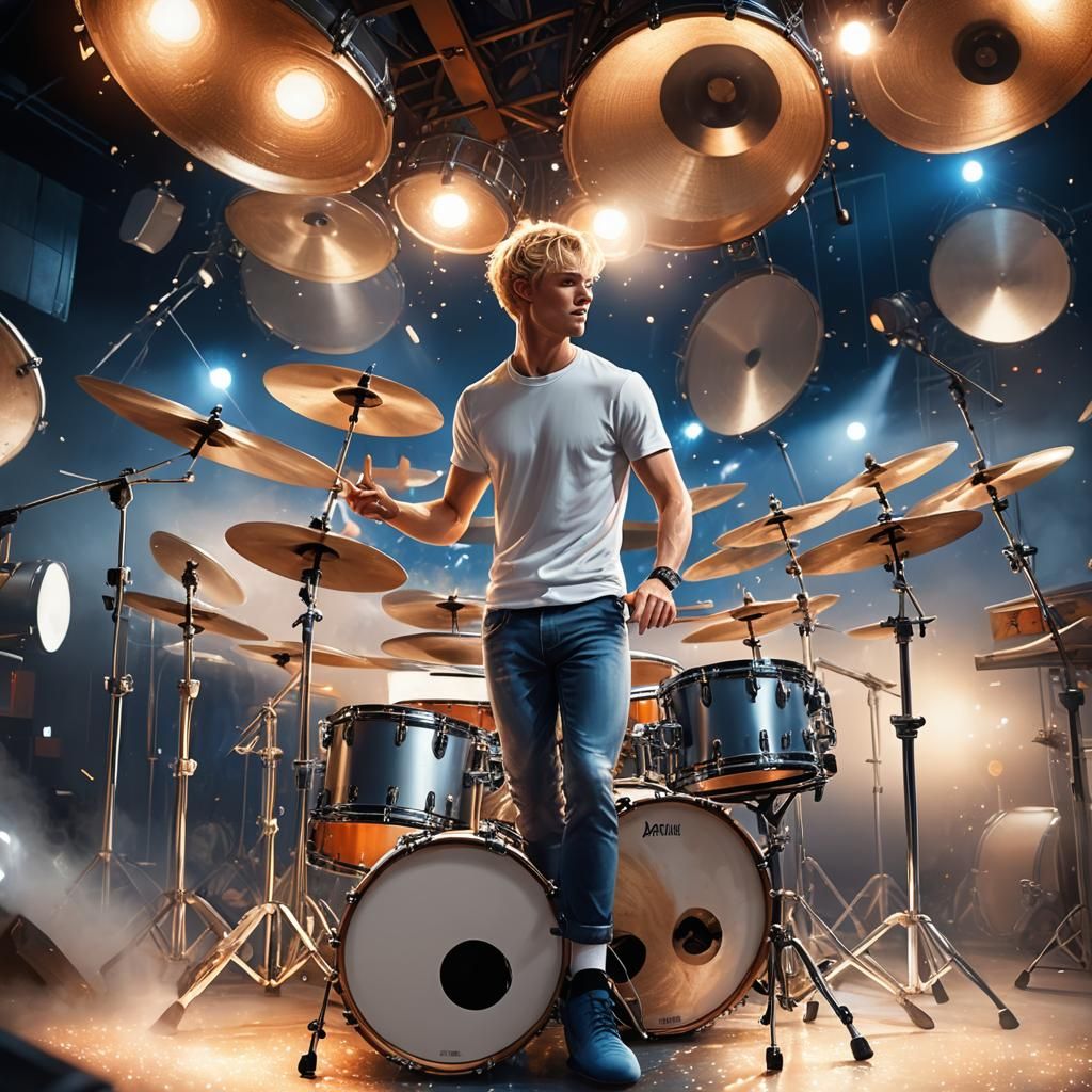 Young Drummer Under Spotlights: Fantasy Concept Art
