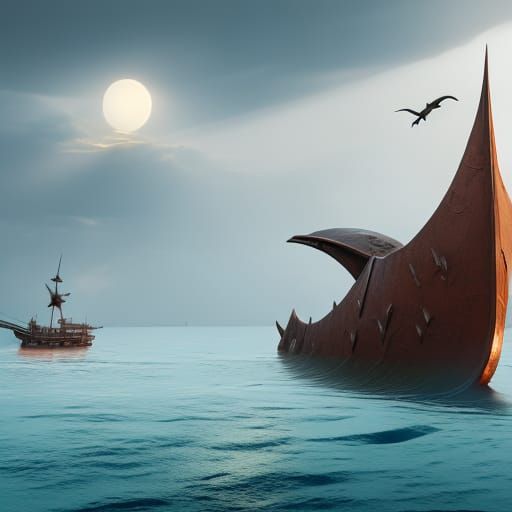 Pterodactylus Over Sinking Ship in Stormy Waters