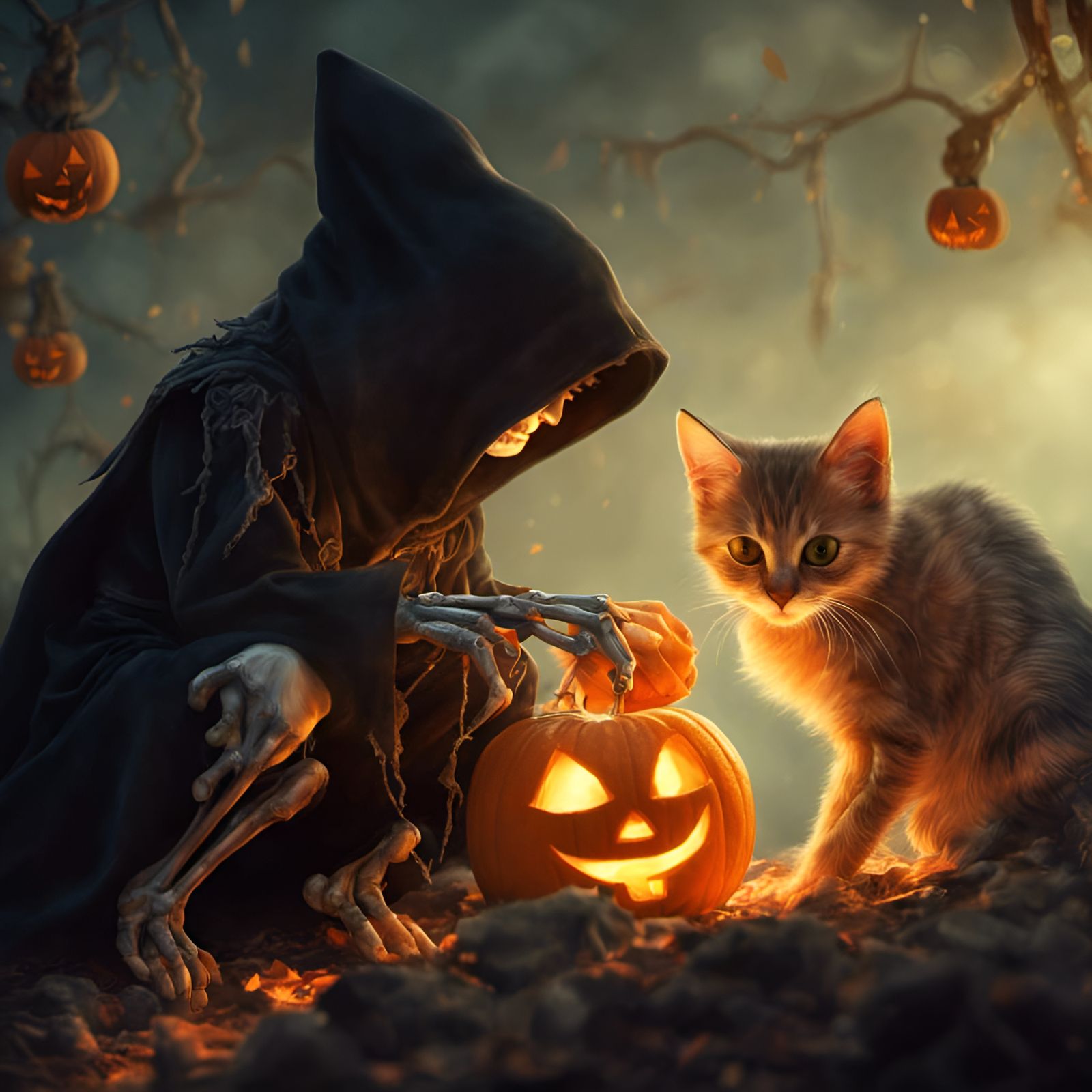 Death introduces Kitten to Jack-O-Lanterns.