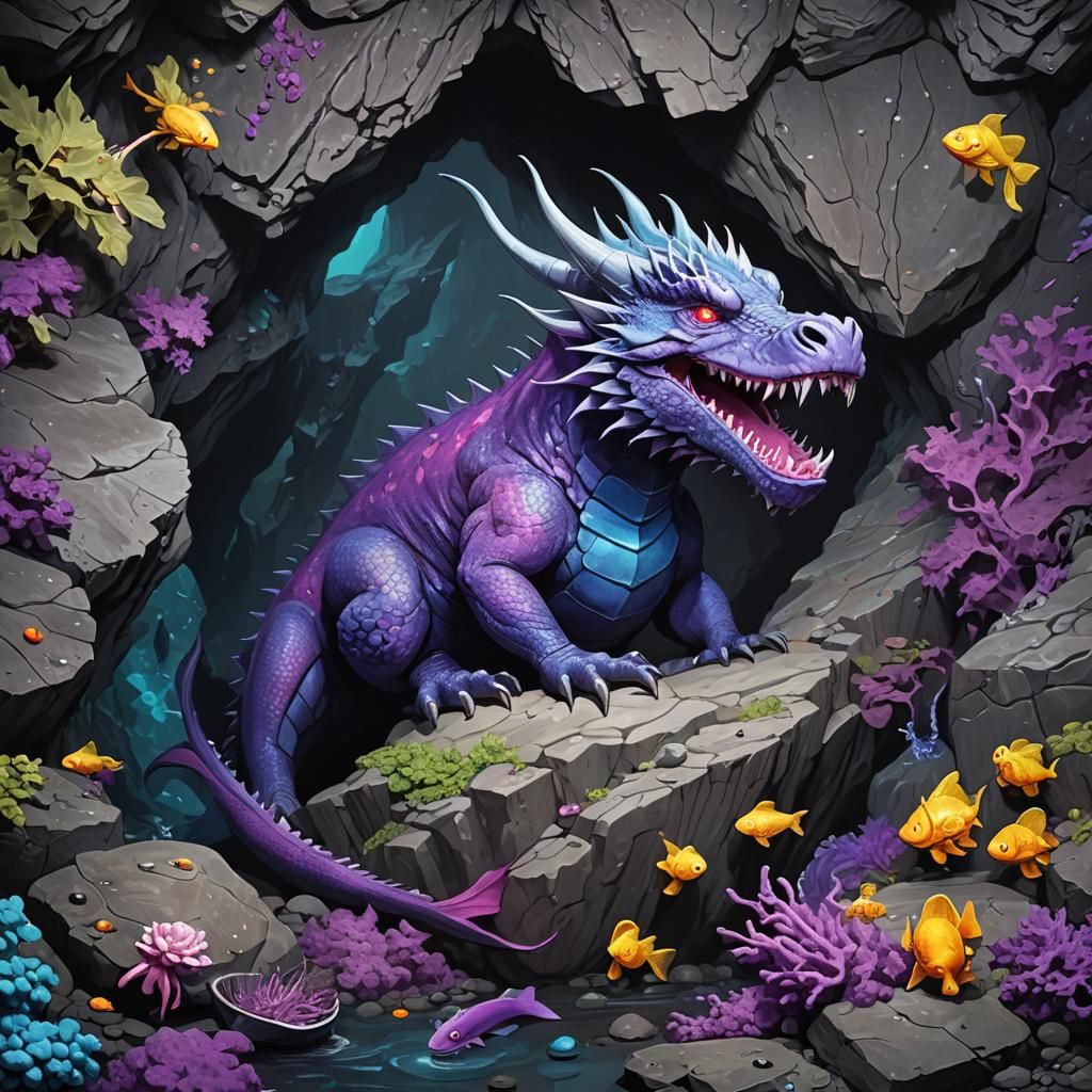 Black Dragon Hunting Fish in Dark Cave