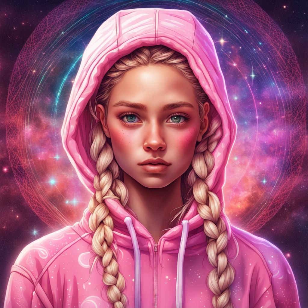 Cute Girl in Pink Hoodie, Holographic Illustration