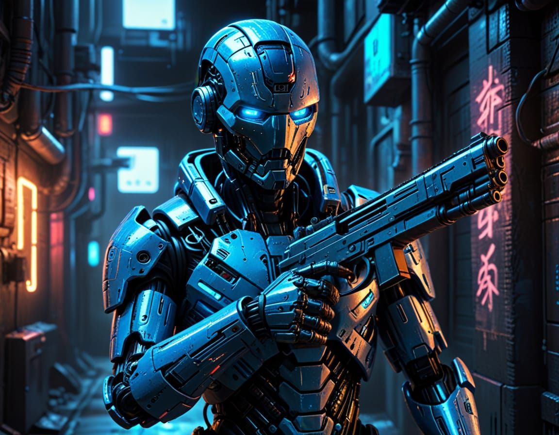 Android with Gun in Neon Noir Cybernetic Art