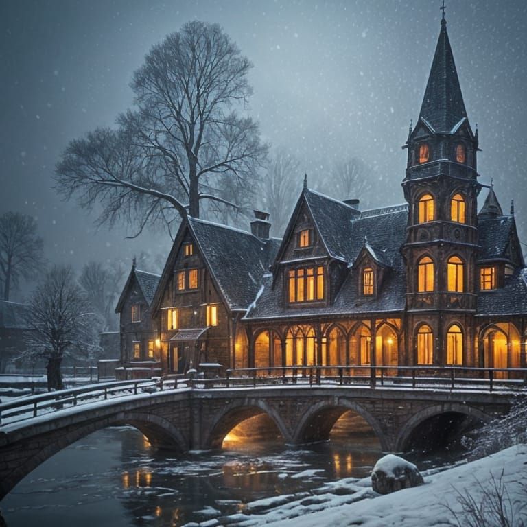 Cozy Victorian Countryside Village Scene at Dusk