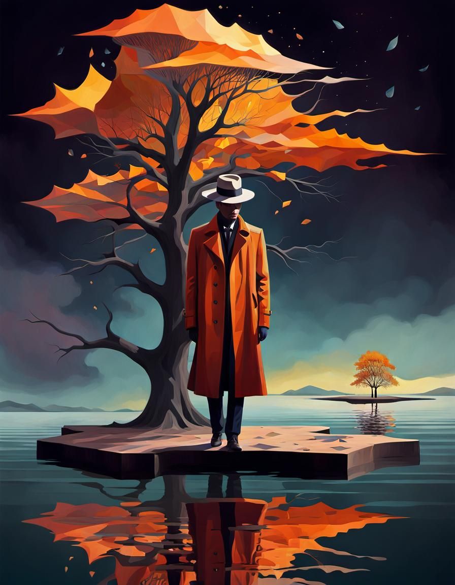 Contemplative Figure on Floating Platform, Digital Art