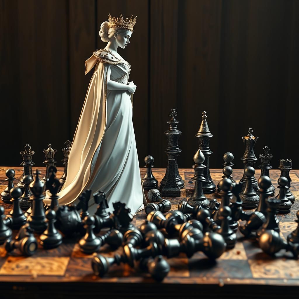 Triumphant Queen Checkmates King in 3D Render