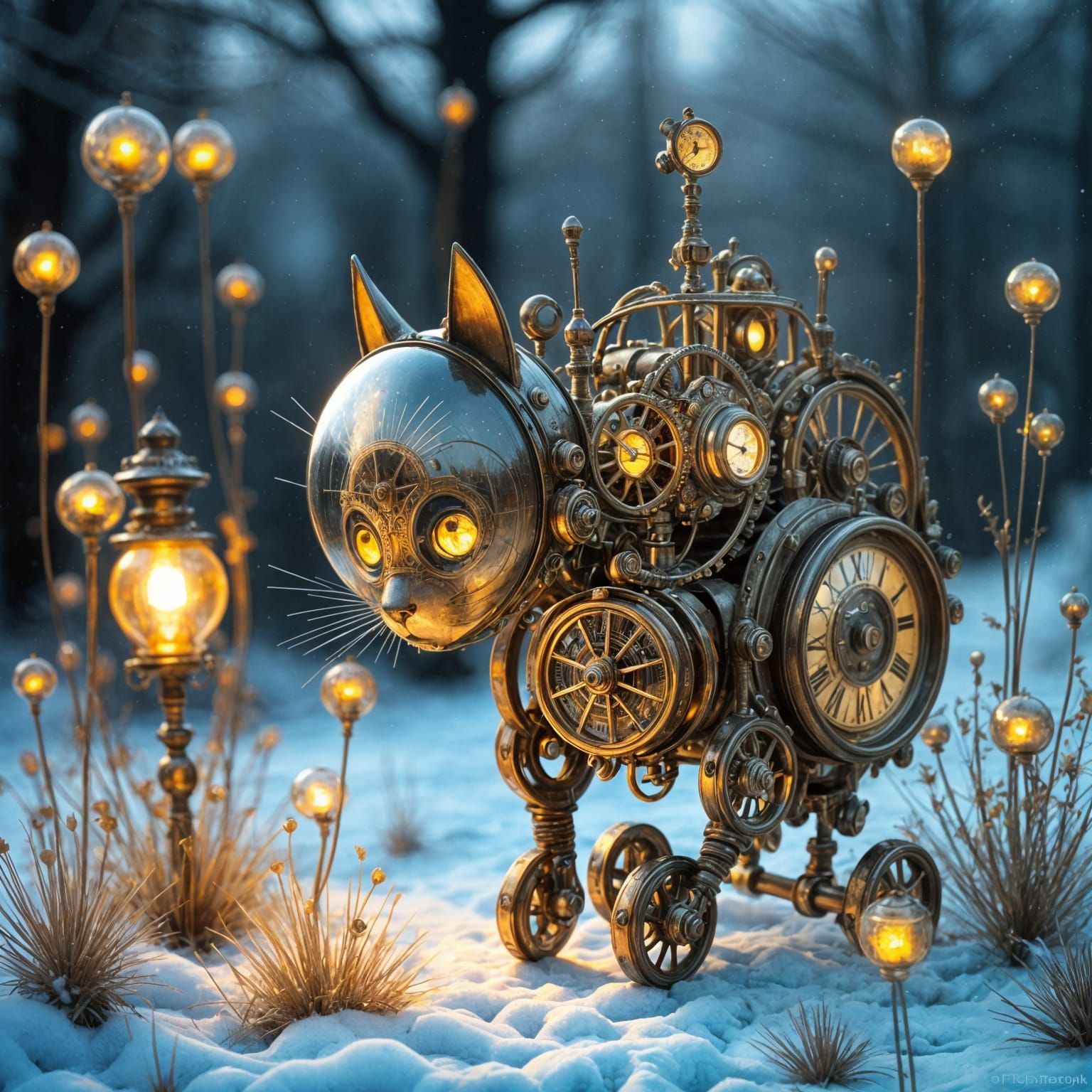 Steampunk Mechanical Cat in Frozen Garden