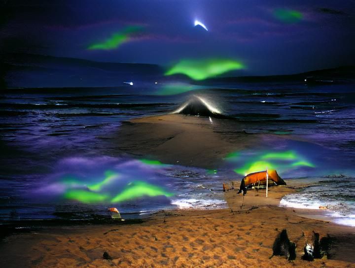Spectacular Northern Lights Display Over Calm Beach