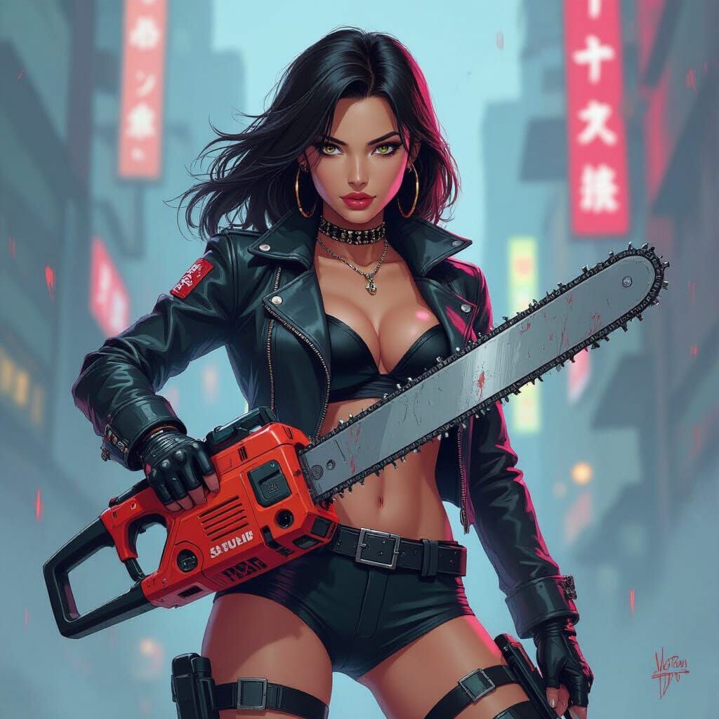 Cyberpunk Woman Poses With Chainsaw in Vibrant Style