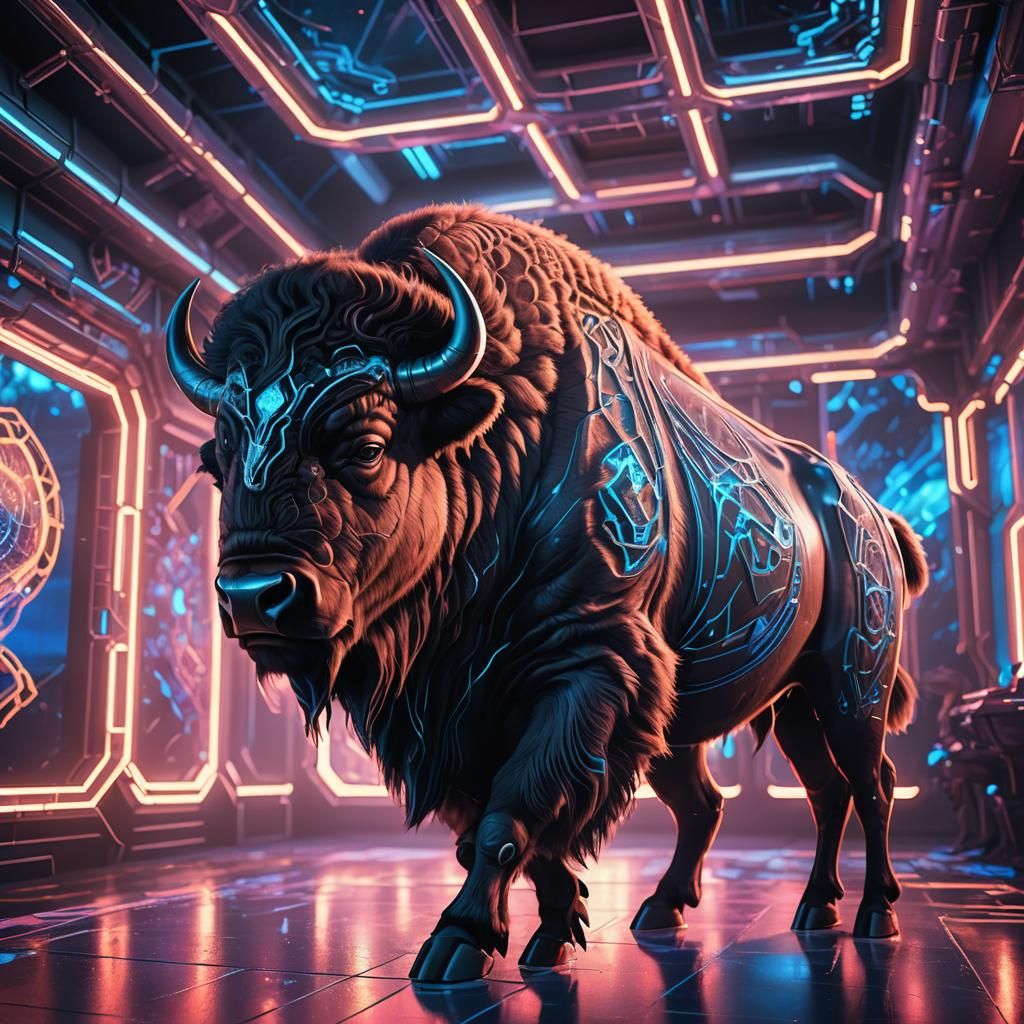 Futuristic Bison with Fractal Patterns in Neon Room