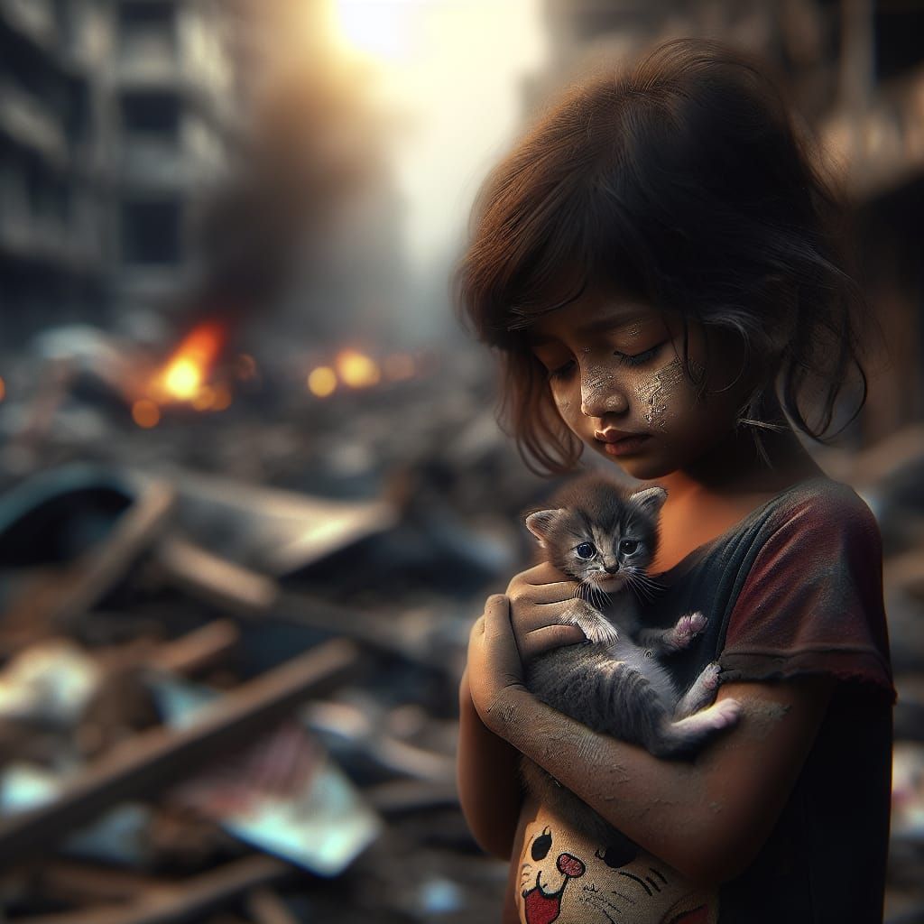 Girl and Kitten in Post-Apocalyptic Landscape