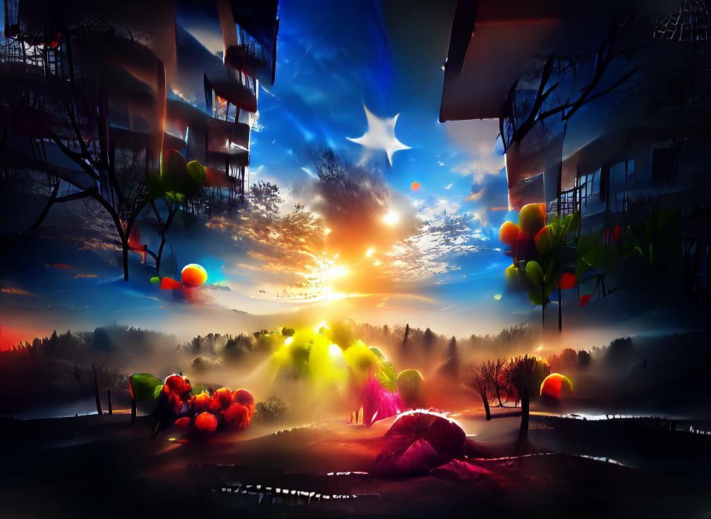 Colorful Sunrise Digital Illustration with Volumetric Lighti...