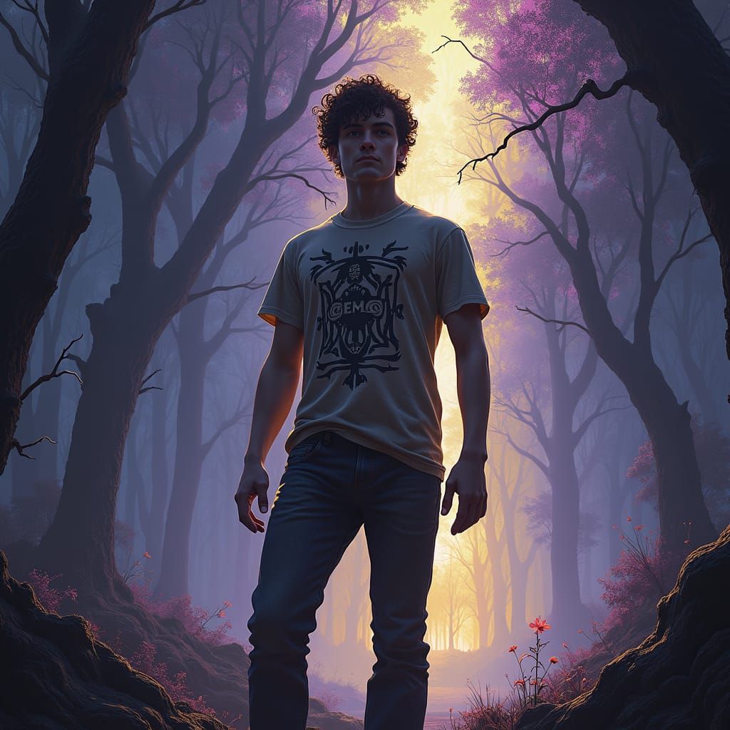 Percy Jackson in Mystical Forest, Art Nouveau Style
