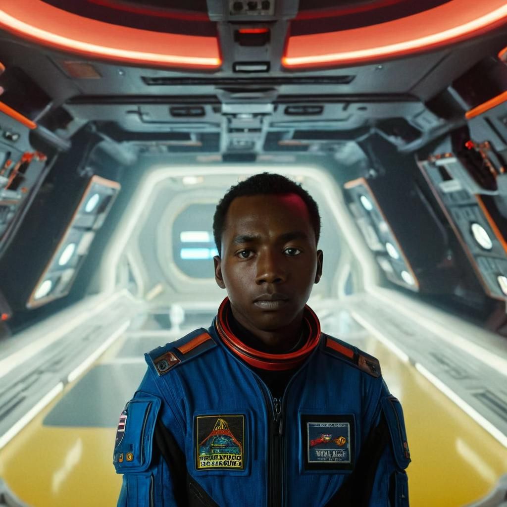 Spaceship Captain in Neon Lit Spacecraft Interior