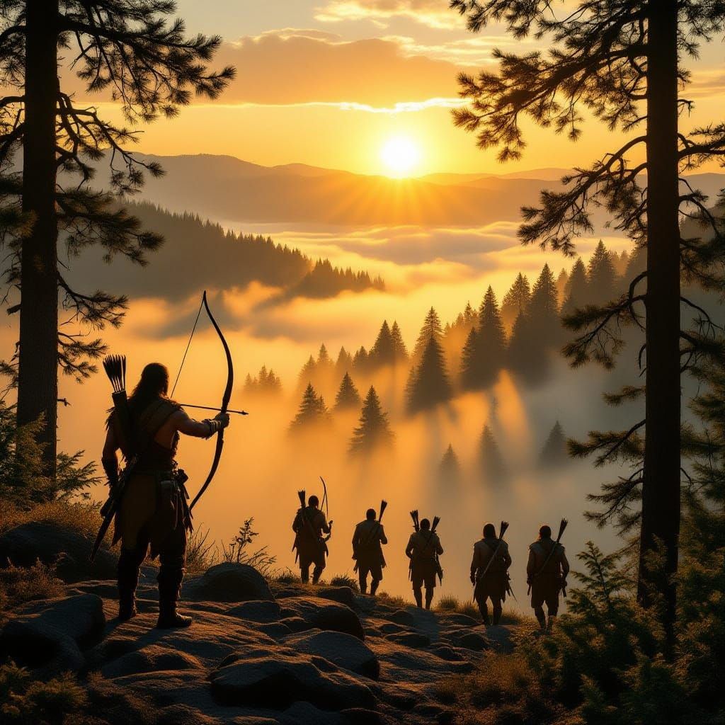 Lone Hunter at Sunrise Over Forest - Mythic Fantasy Realism