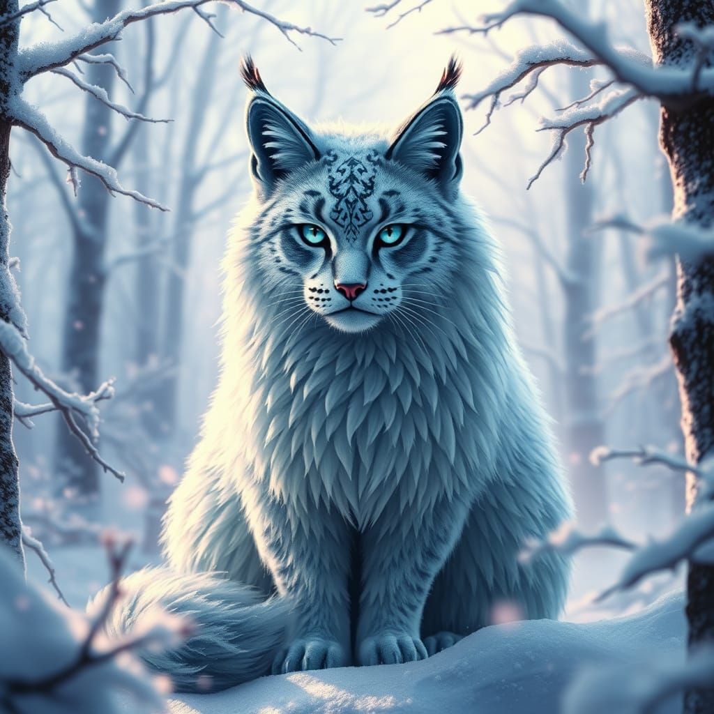 Majestic Ice Cat in Winter Forest, Fantasy Concept Art