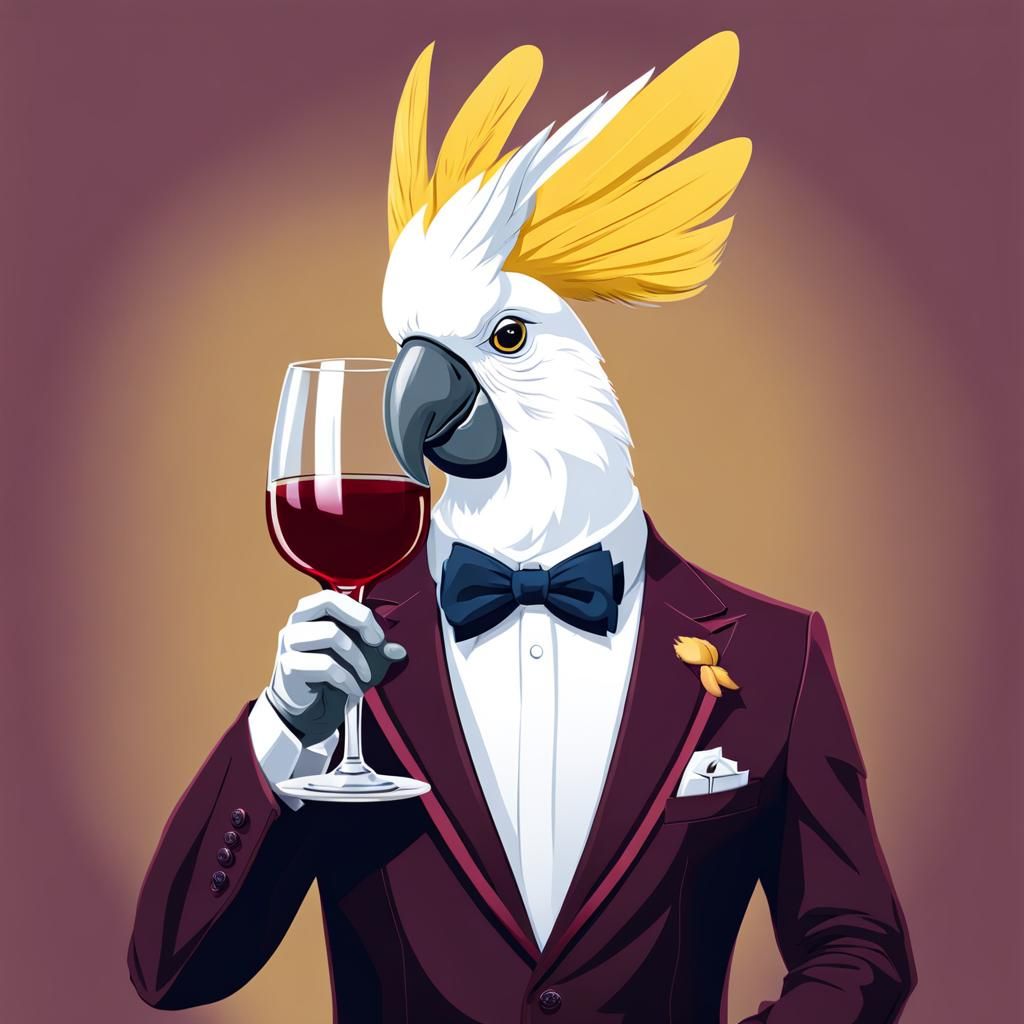Cockatoo as Human in Suit Drinking Wine