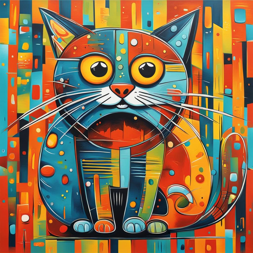 Cartoon Cat Brushing Teeth in Abstract Style