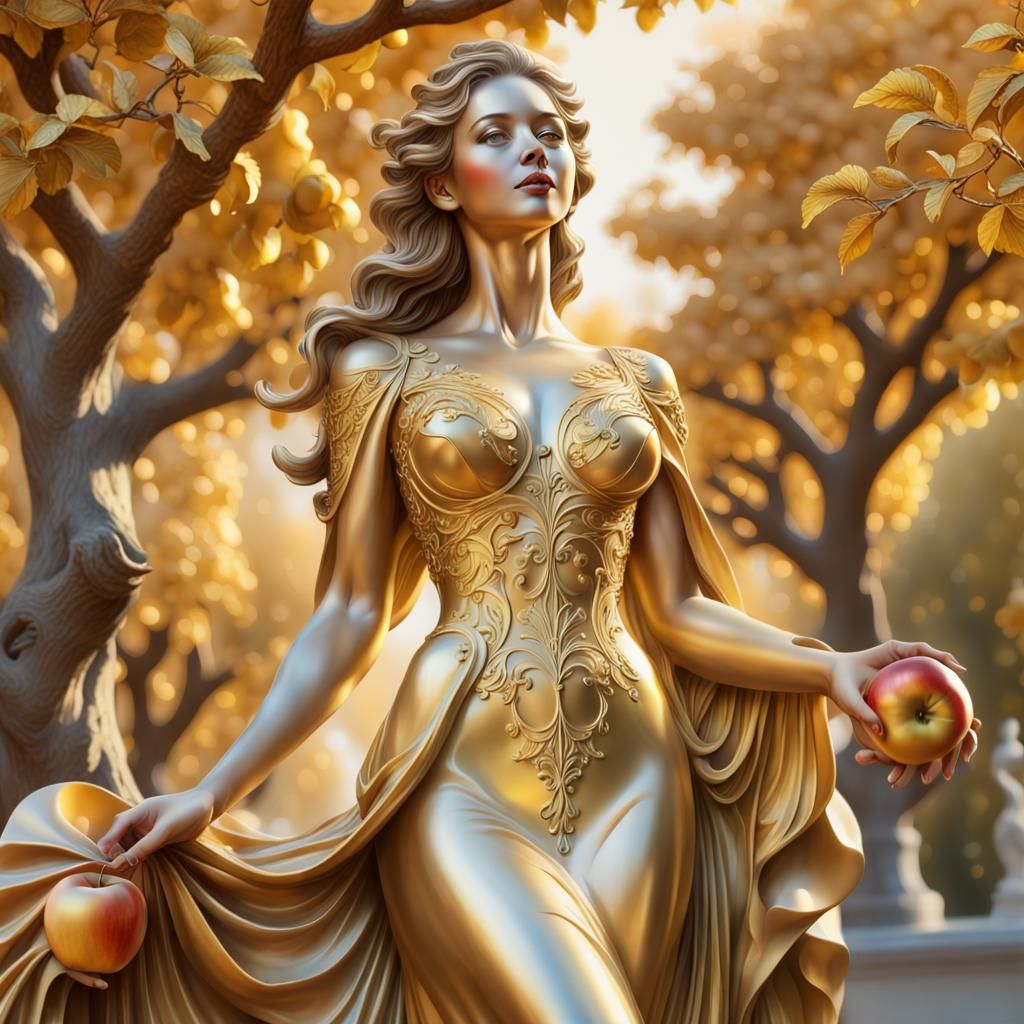Golden Statue in Gown Among Golden Apple Trees