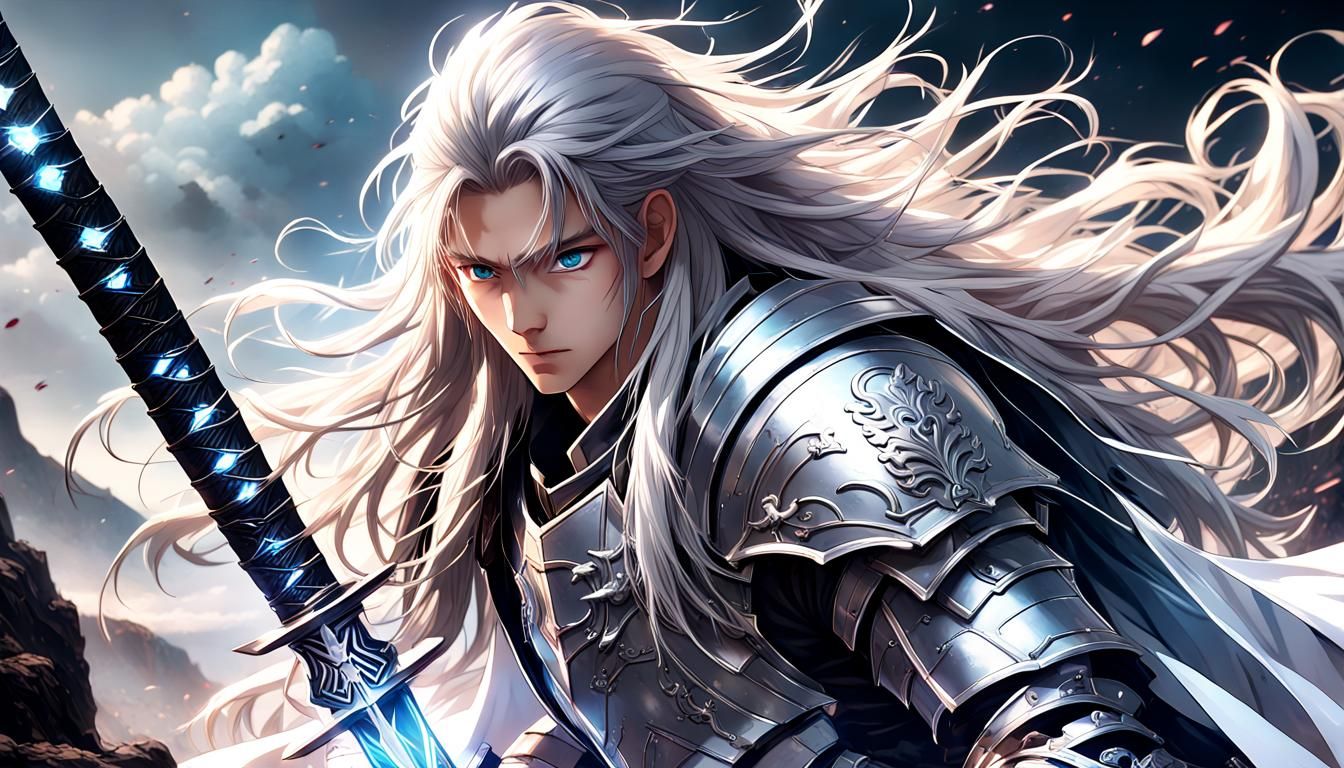 Anime Warrior with Silver Hair in White Armor