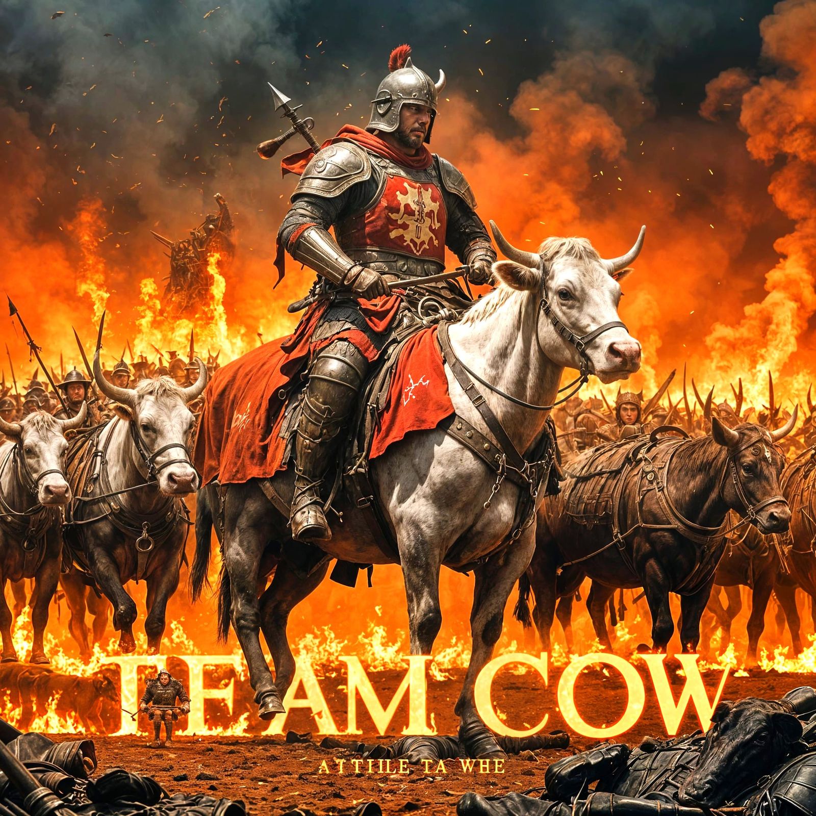 Team Cow:  Wide shot of a mob of murderous huns with Attila the Cow.