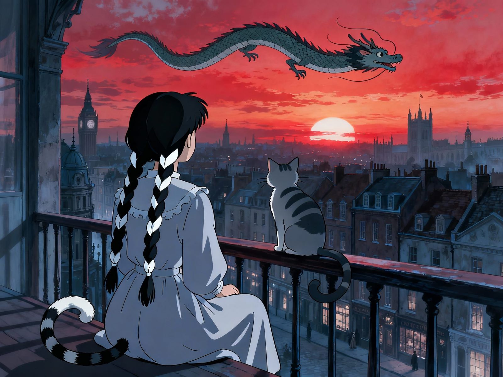 Girl and Cat Watch Dragon Over Anime Town Sunset