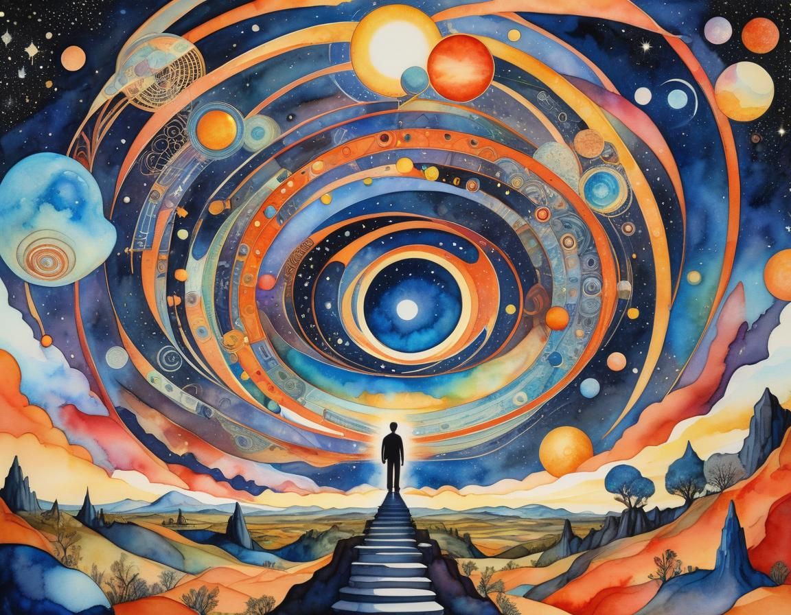 Cosmic Landscape: Esoteric Watercolor and Ink Vision