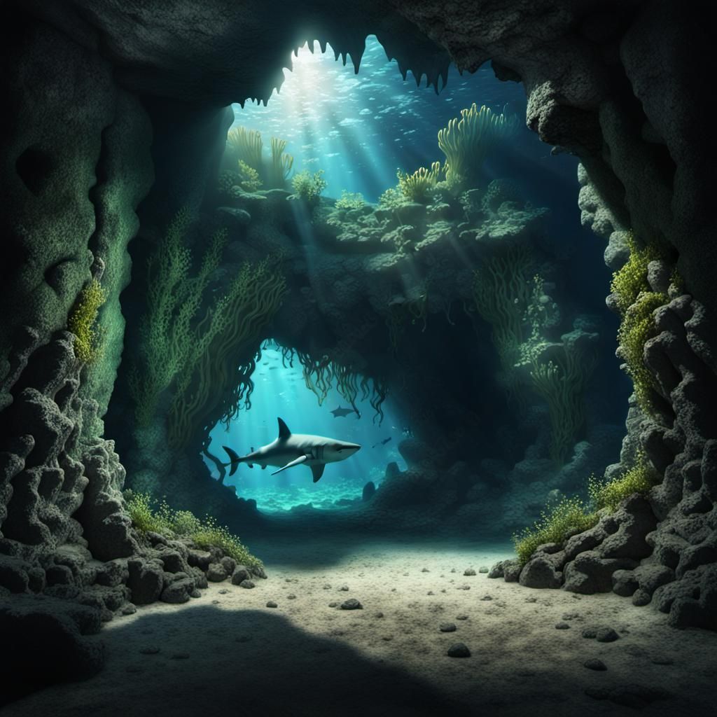 Secret Underwater Cave with Shark Silhouette