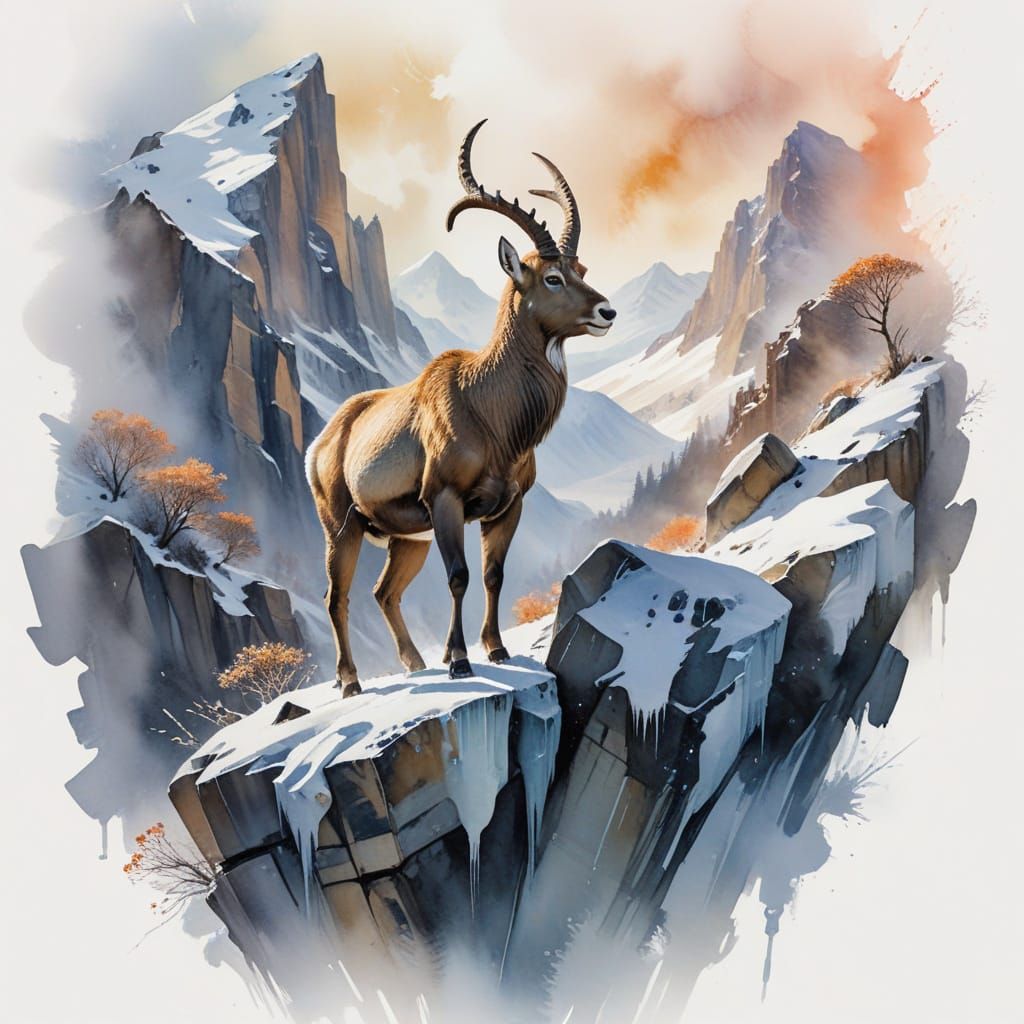 Timeless Alpine Wilderness: Ibex Sentinel Amidst Shifting Au...