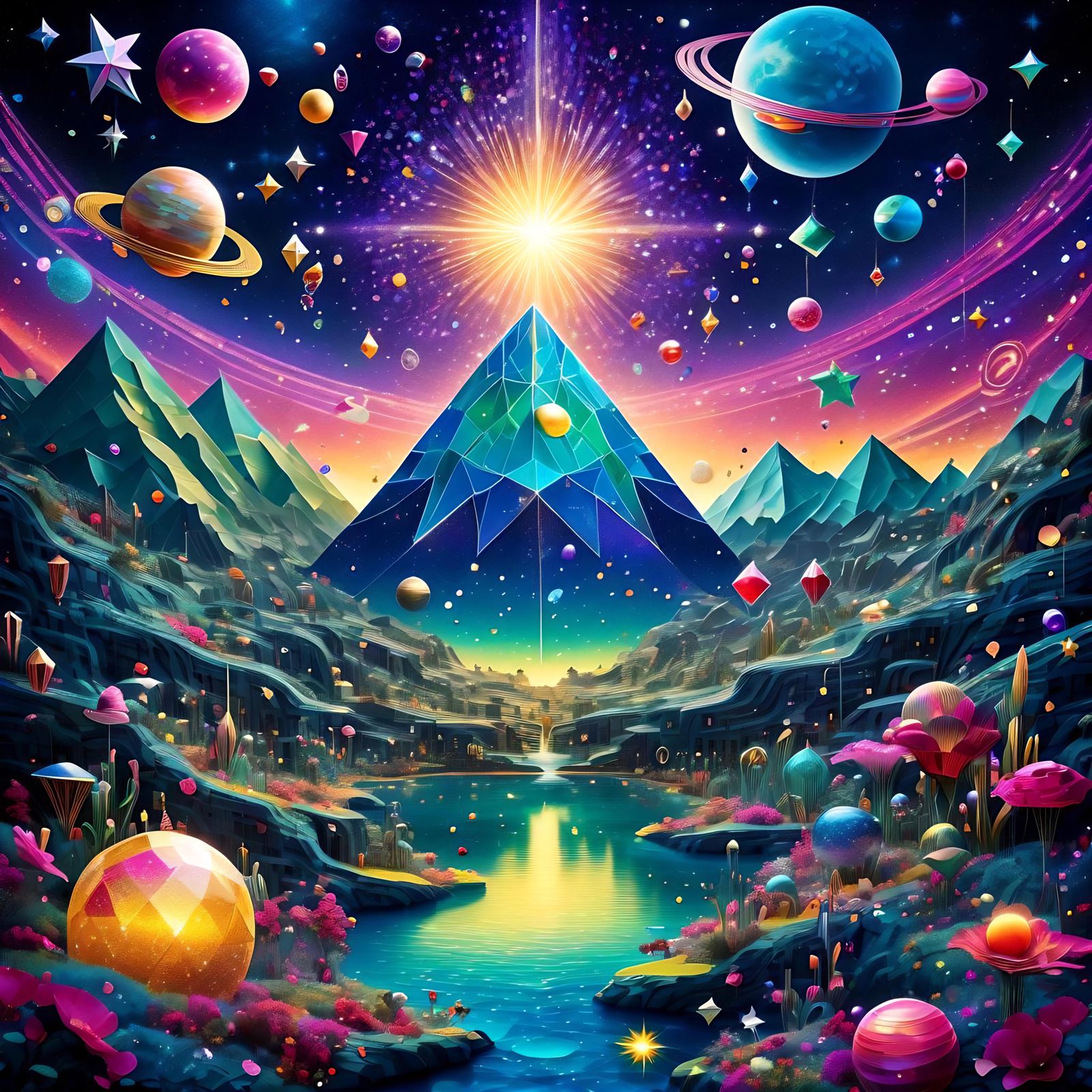 Bejeweled Galactic Oasis in Papercraft Style