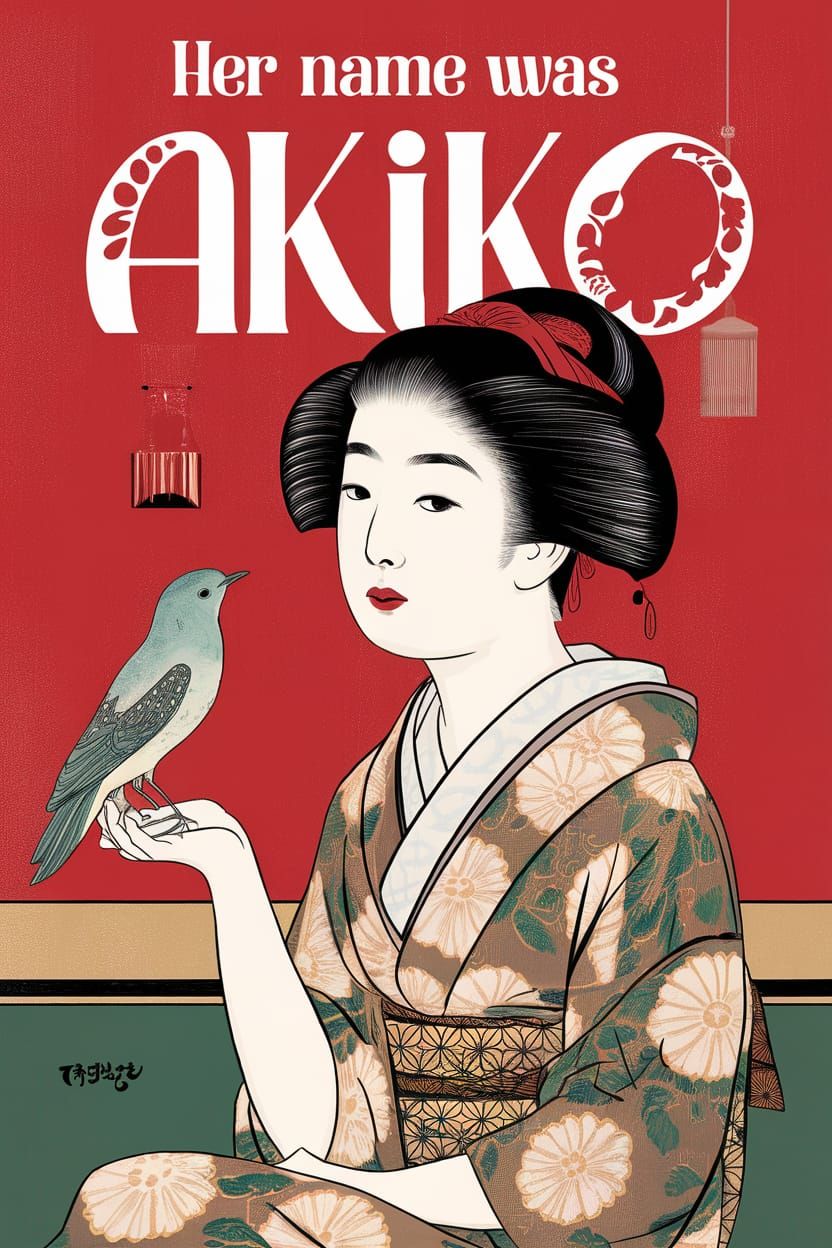 Arte Nouveau Goddess with Nightingale in Japanese Word Art S...