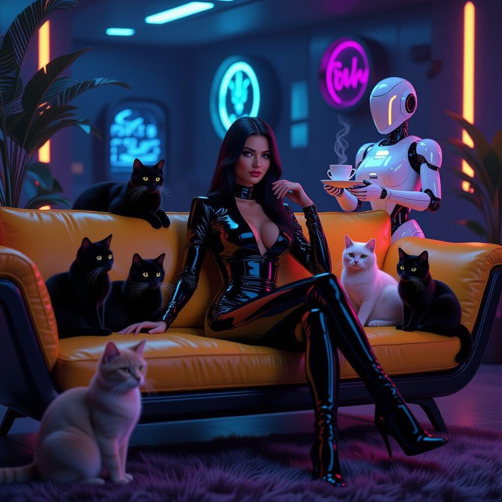 Cyberpunk Living Room with Cats and Robot