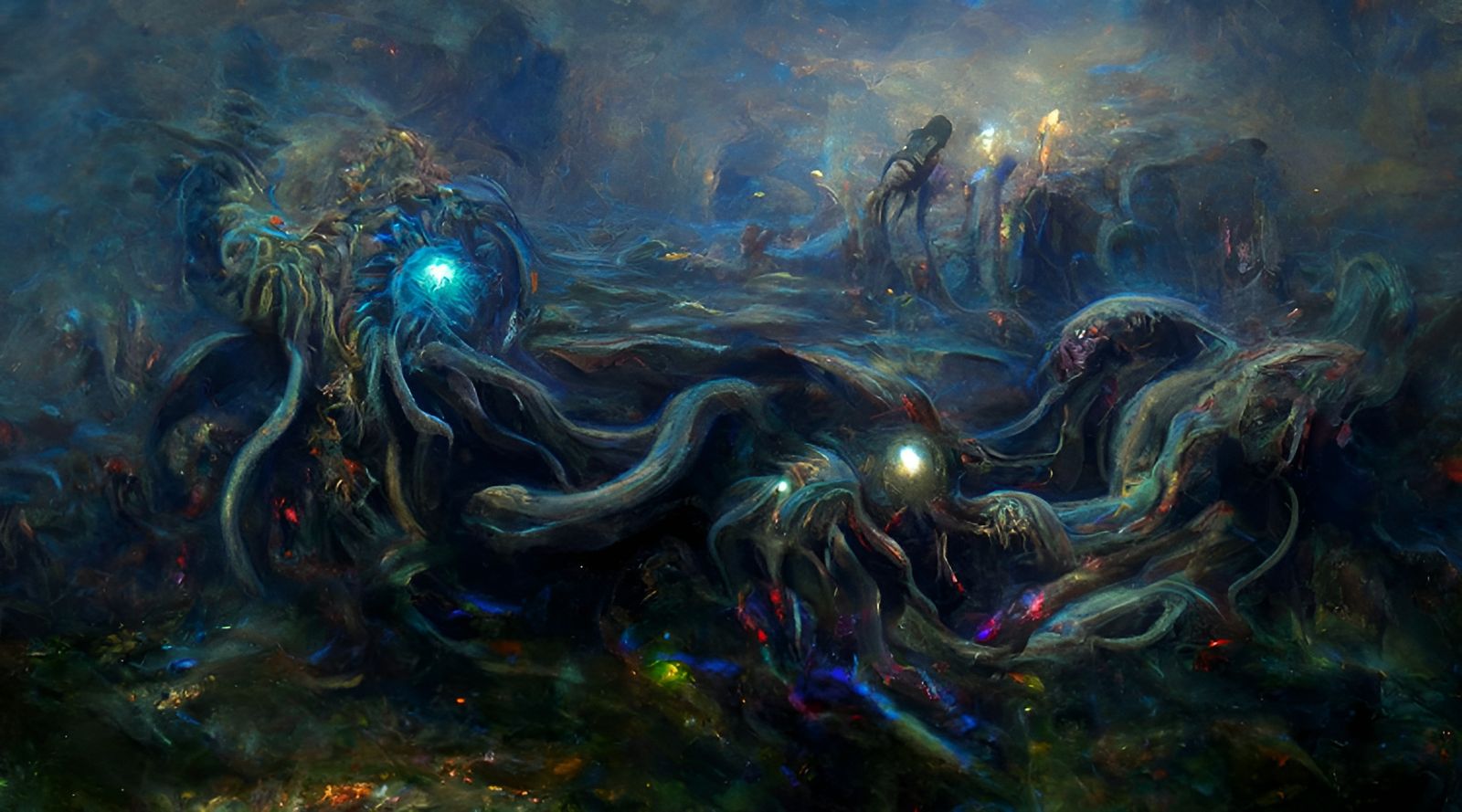 Ominous Bioluminescent Deep-Sea Horror Painting