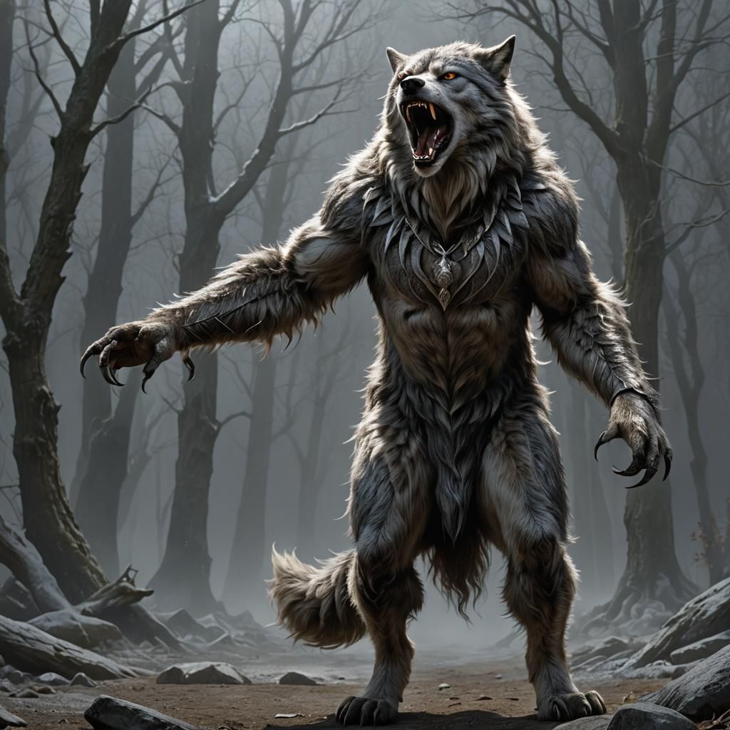 Howling She-Werewolf with Silver Fur in Horror Style