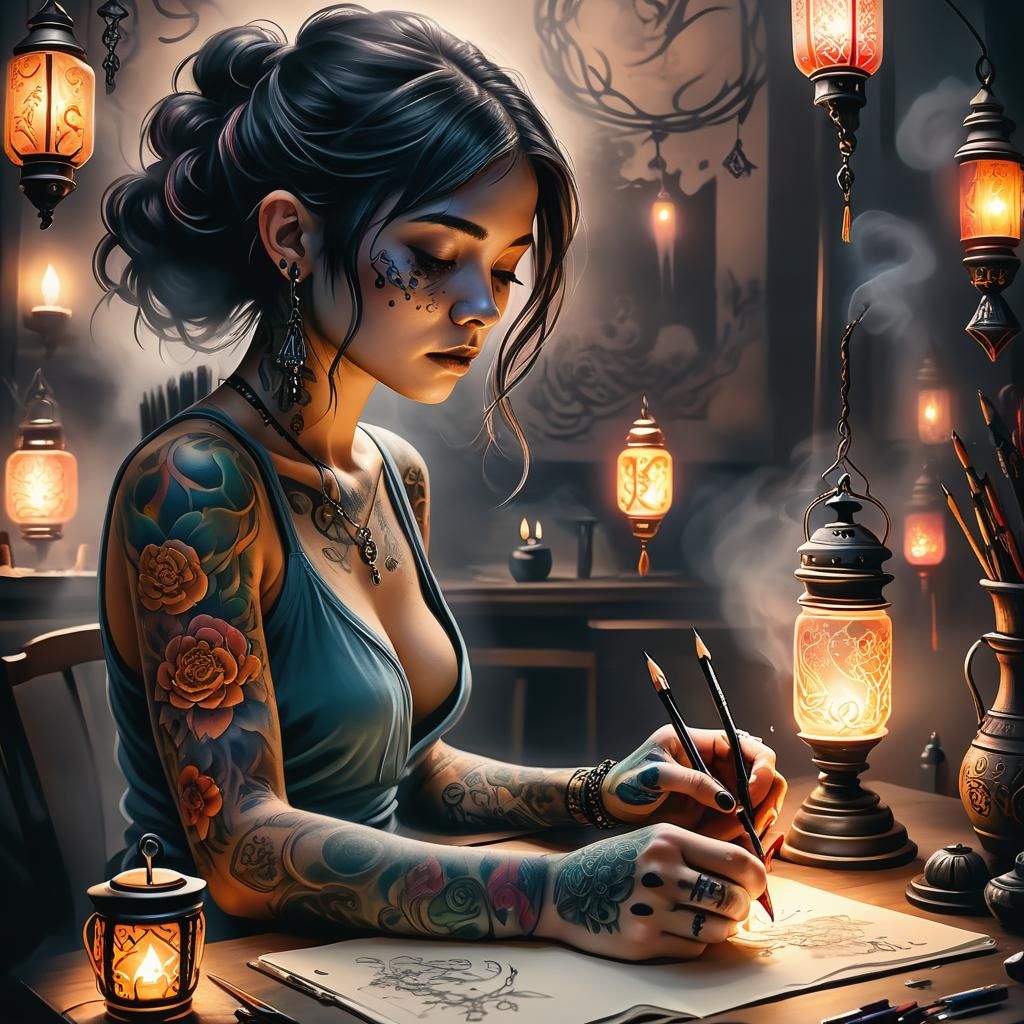 Tattooed Artist Sketching in Dimly Lit Studio