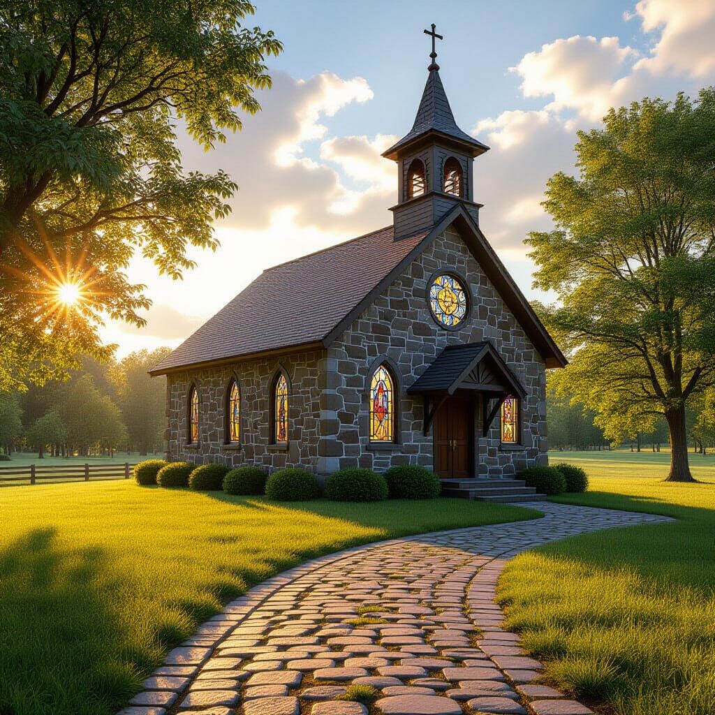 Quaint Country Church in Golden Hour Sunlight