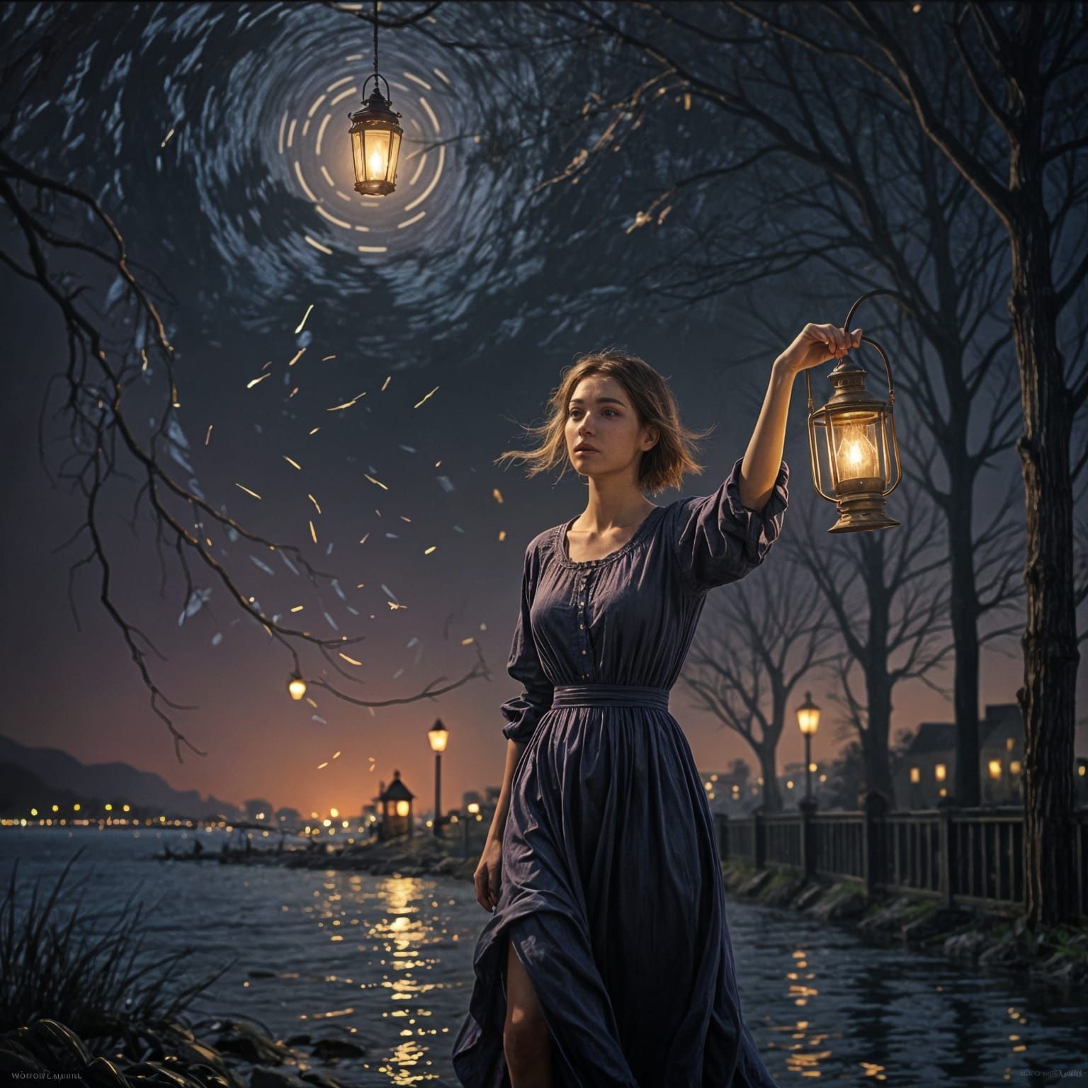 Woman with Lantern in Impressionistic Style