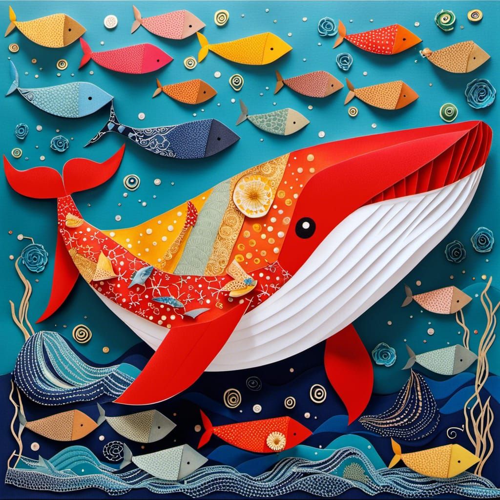 Origami Whale with Sea Life in Art Brut Style