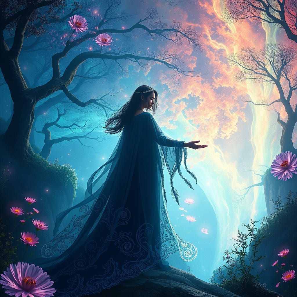 Mystical Enchantress Amidst Glowing Iridescent Landscapes