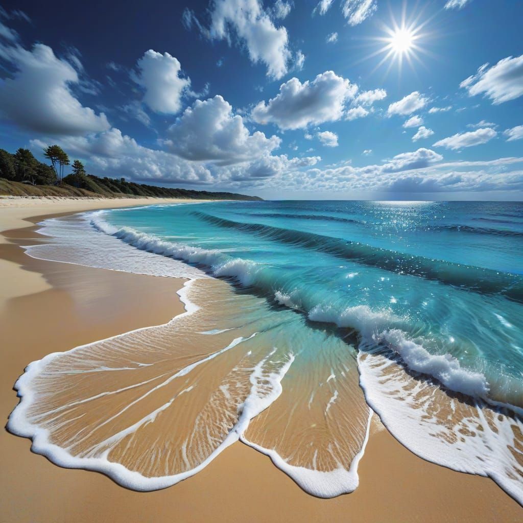 create a beautiful beach, three shades of blue Hues sea, white beaches and sunshine panorama real photo, fractal diffusi...