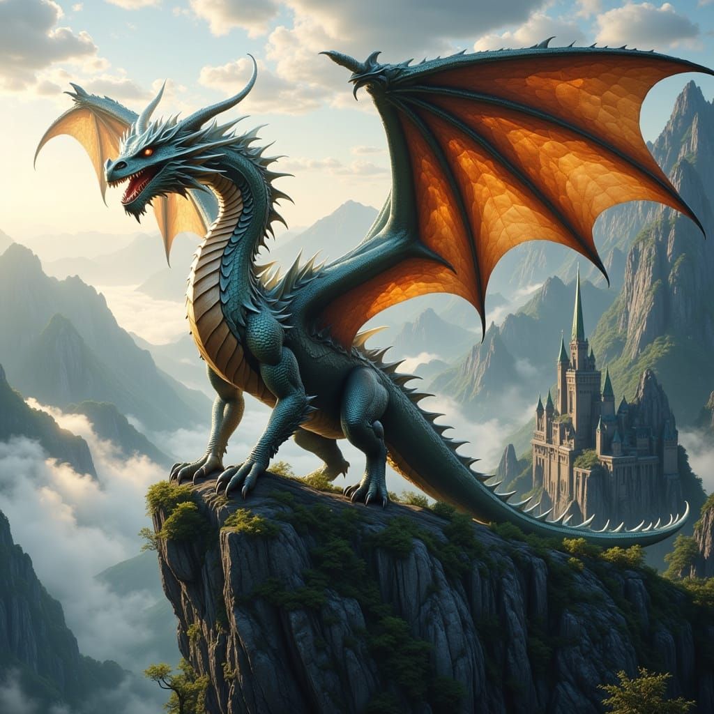 An extraordinary mystical dragon standing at the edge of a cliff with his mighty wings spread wide looks over the horizo...