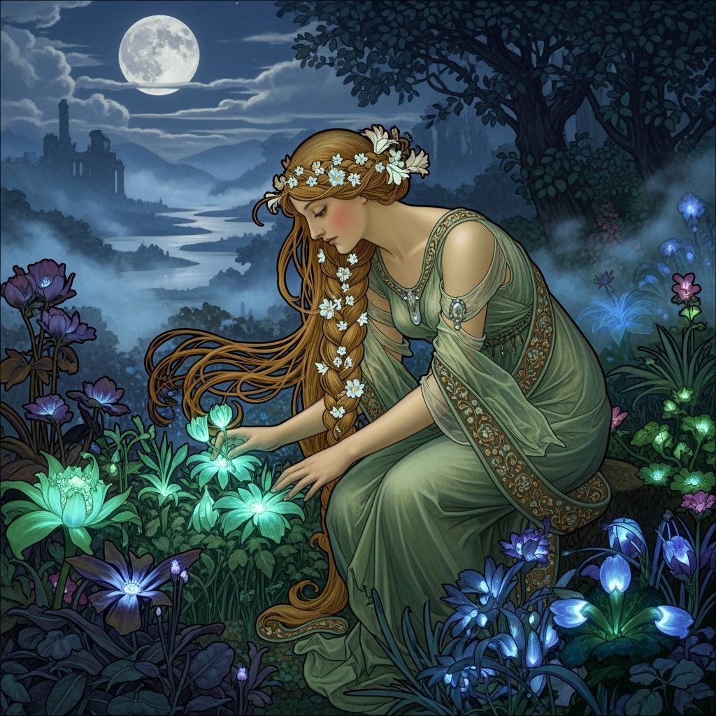 Bioluminescent Nymph in Moonlit Garden, Art Nouveau