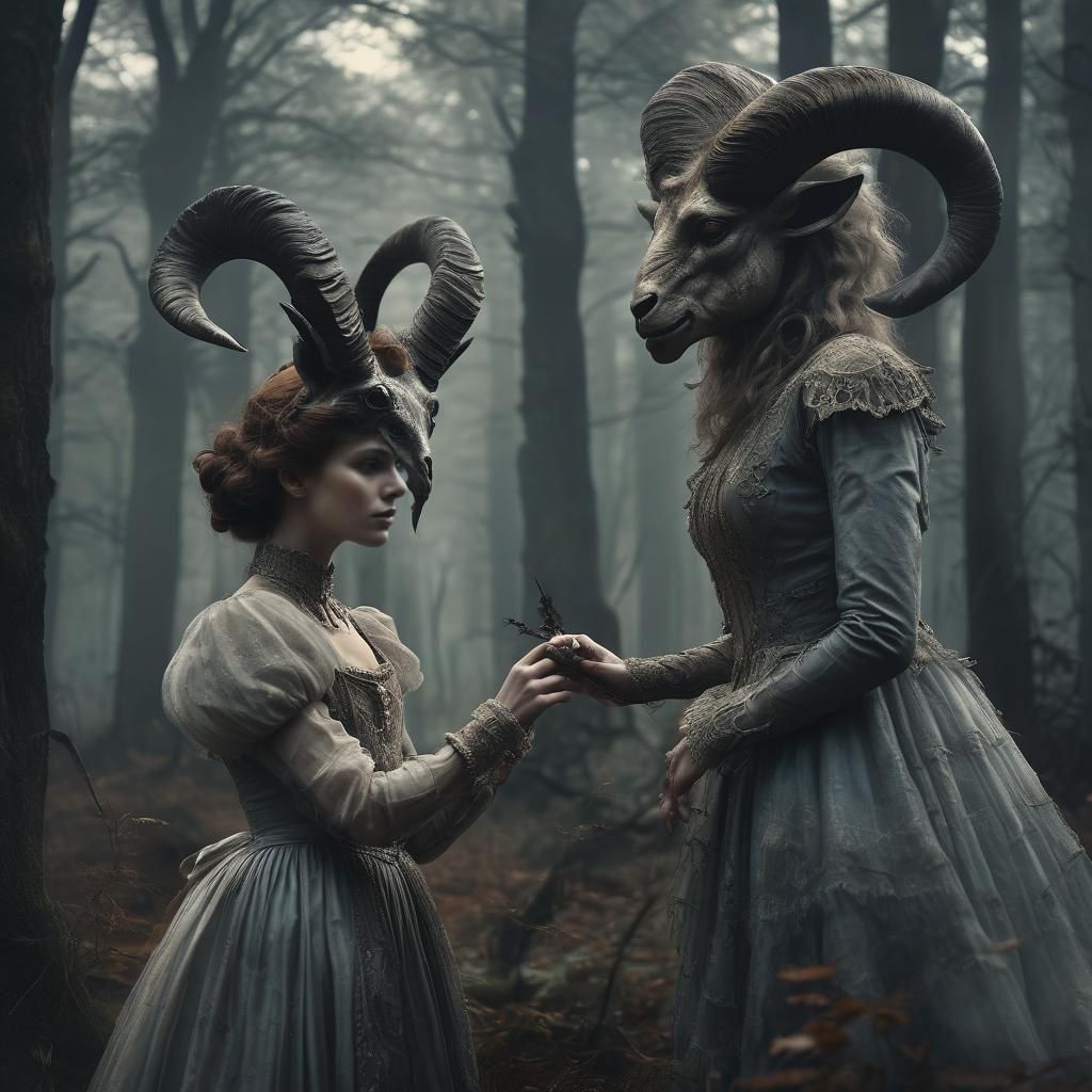 Surreal Woman and Mythical Creature in Misty Forest