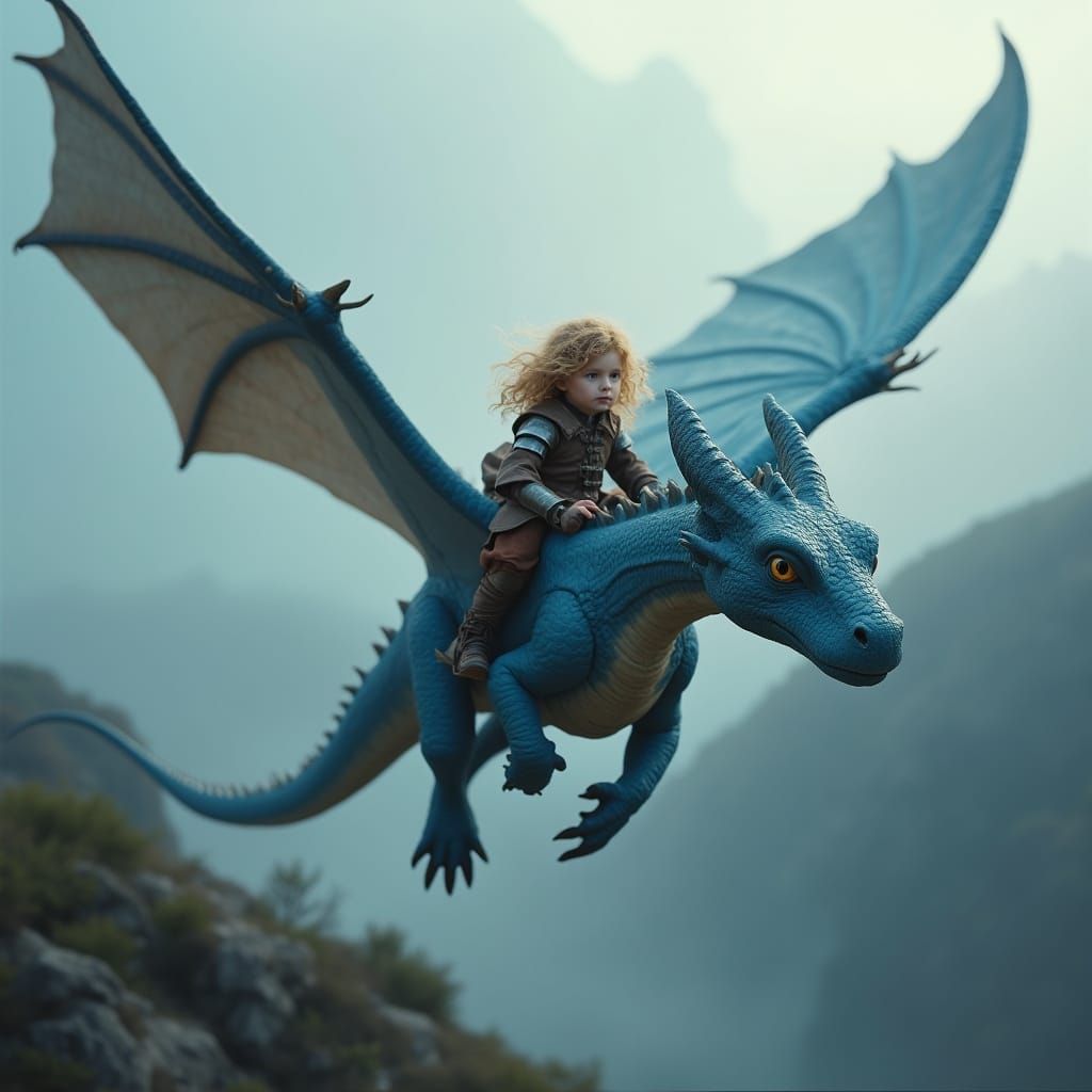 Boy Riding Majestic Blue Dragon Through Misty Skies in Digit...